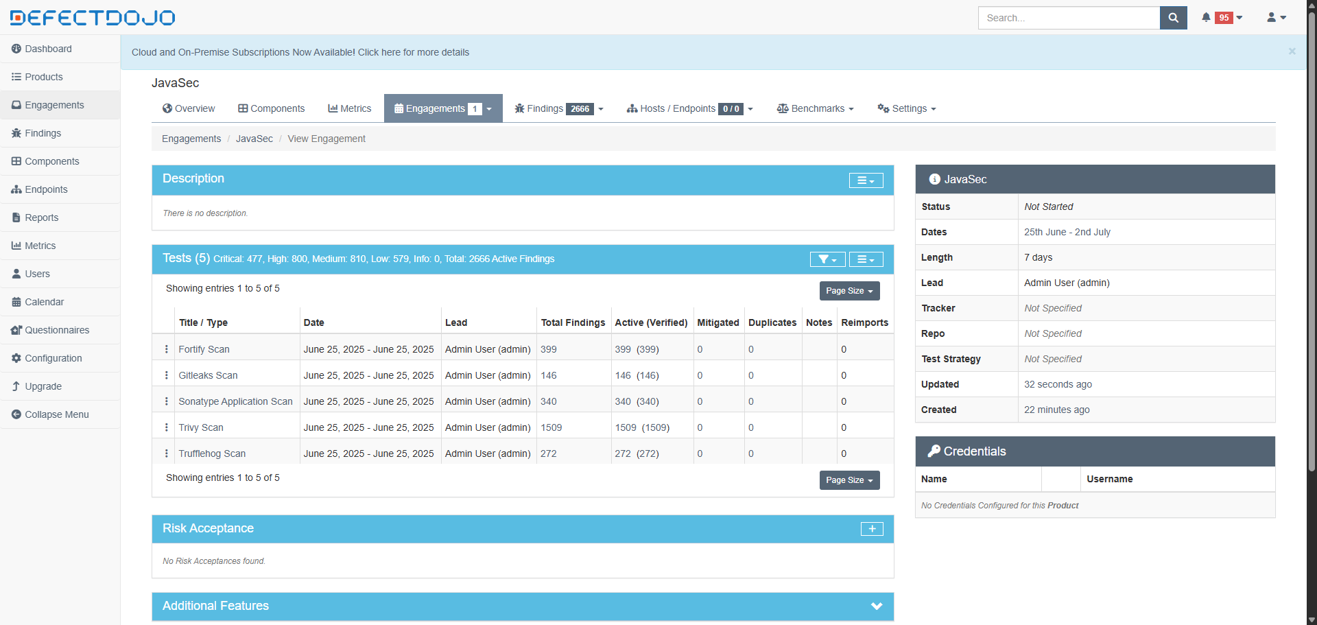 DefectDojo Dashboard